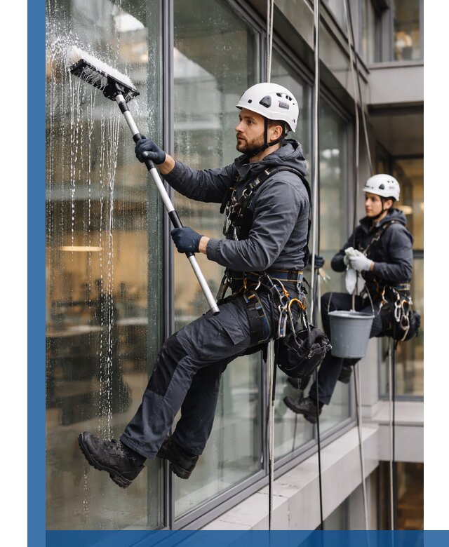 Профессиональная мойка витражей промышленными альпинистами в Кыштыме