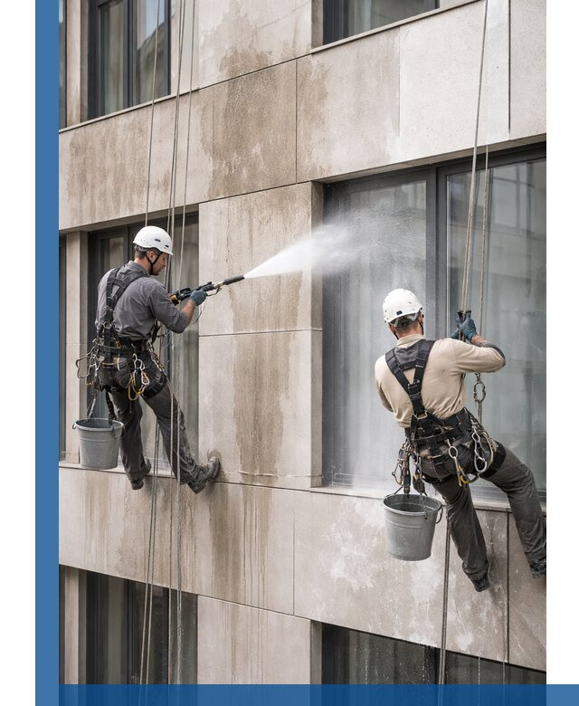 Послестроительная мойка фасада промышленным альпинизмом в Кыштыме