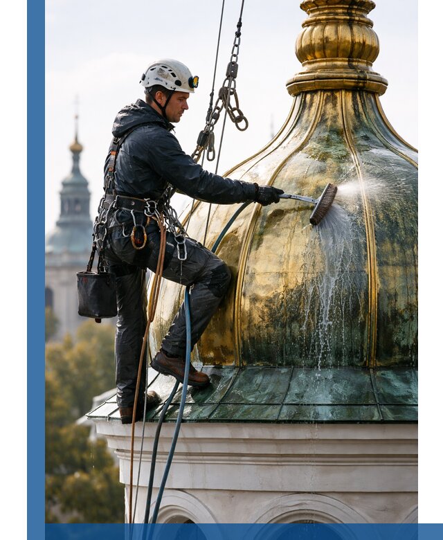 Профессиональная мойка куполов и шпилей высотными альпинистами в Кыштыме