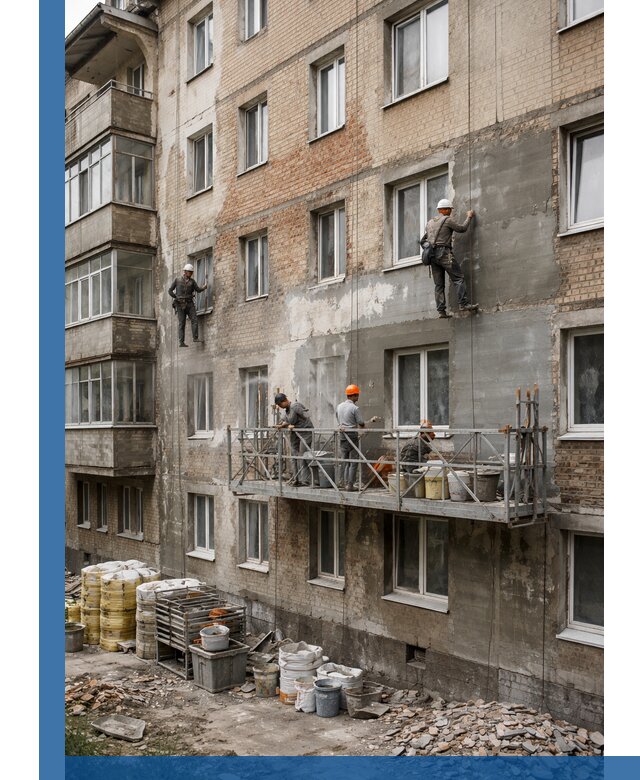 Капитальный ремонт фасада в Кыштыме с восстановлением и гидроизоляцией