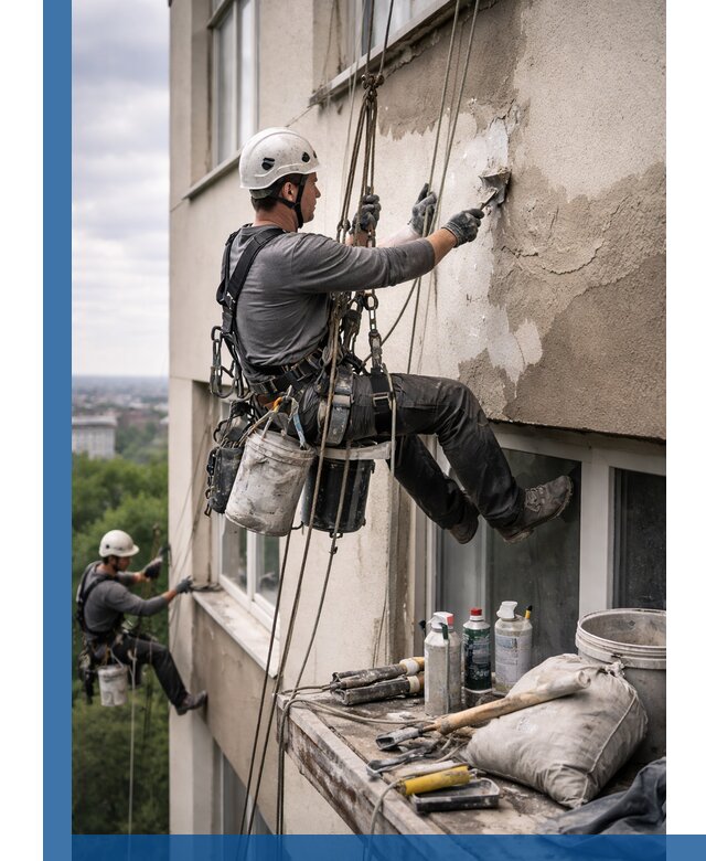 Косметический ремонт фасада зданий в Кыштыме промышленными альпинистами