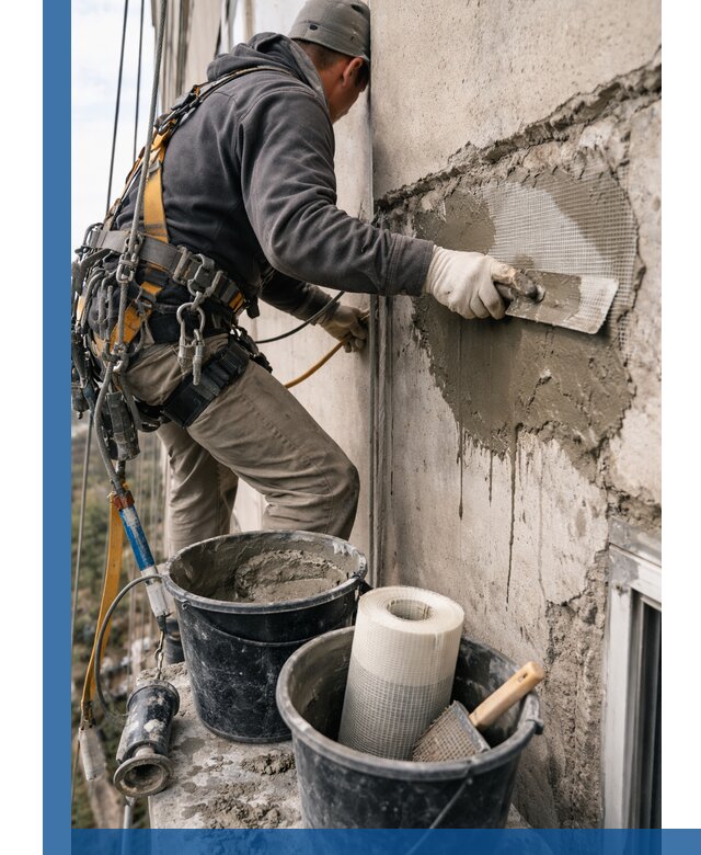 Ремонт бетонных элементов фасада промышленными альпинистами в Кыштыме