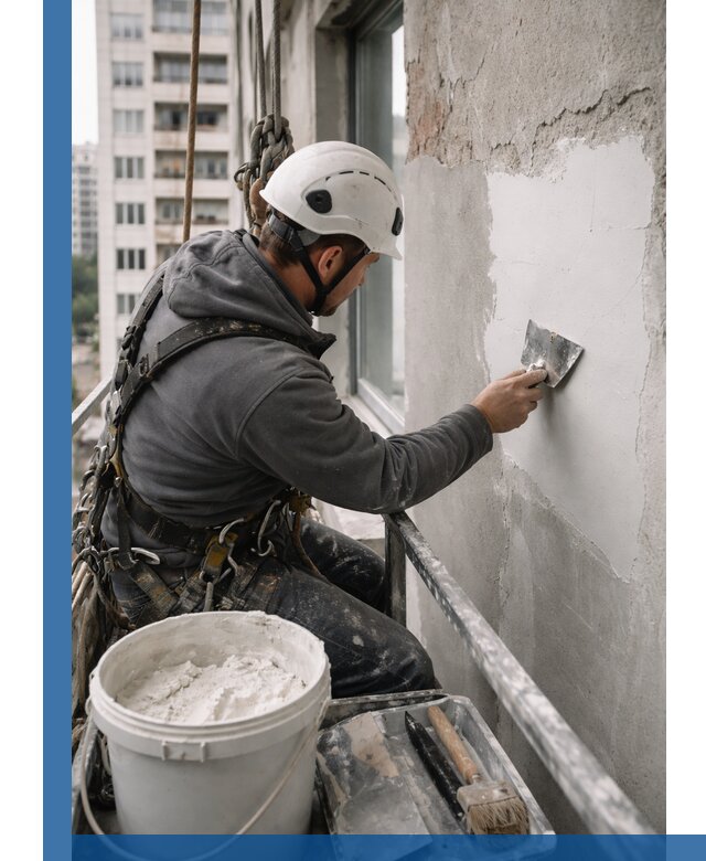 Шпаклевка фасадов на высоте с промальпинистами в Кыштыме