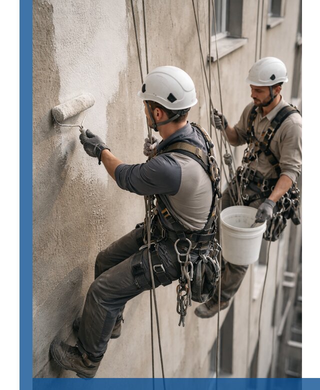 Грунтовка фасада на высоте в Кыштыме промышленными альпинистами