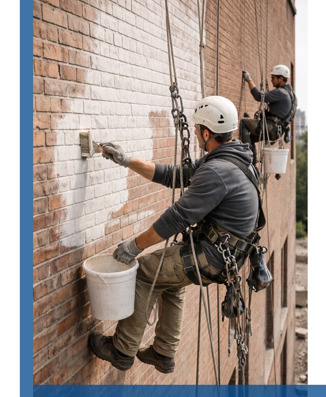Покраска кирпичного фасада с доступным альпинистским сервисом в Кыштыме