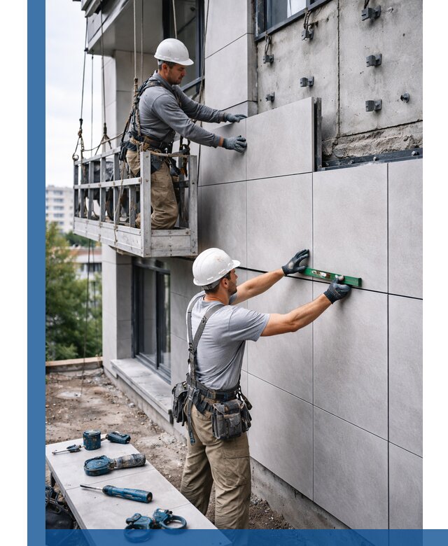 Монтаж керамогранита на фасад в Кыштыме под ключ с гарантией качества