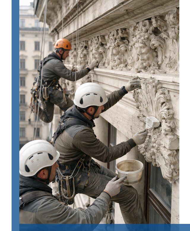 Реставрация фасадной лепнины с высотными работами в Кыштыме