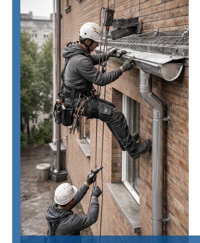 Монтаж водосточной системы на здании в Кыштыме под ключ