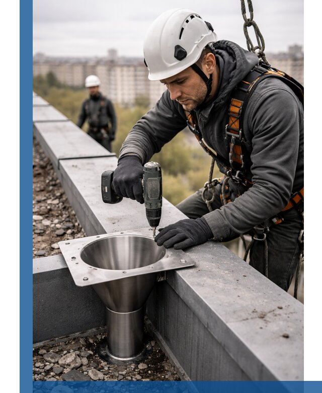 Монтаж водосточных воронок в Кыштыме для промышленных зданий