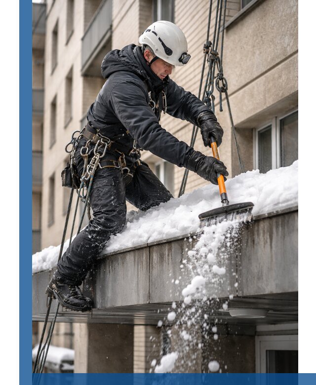 Очистка козырьков от снега в Кыштыме круглогодично безопасно