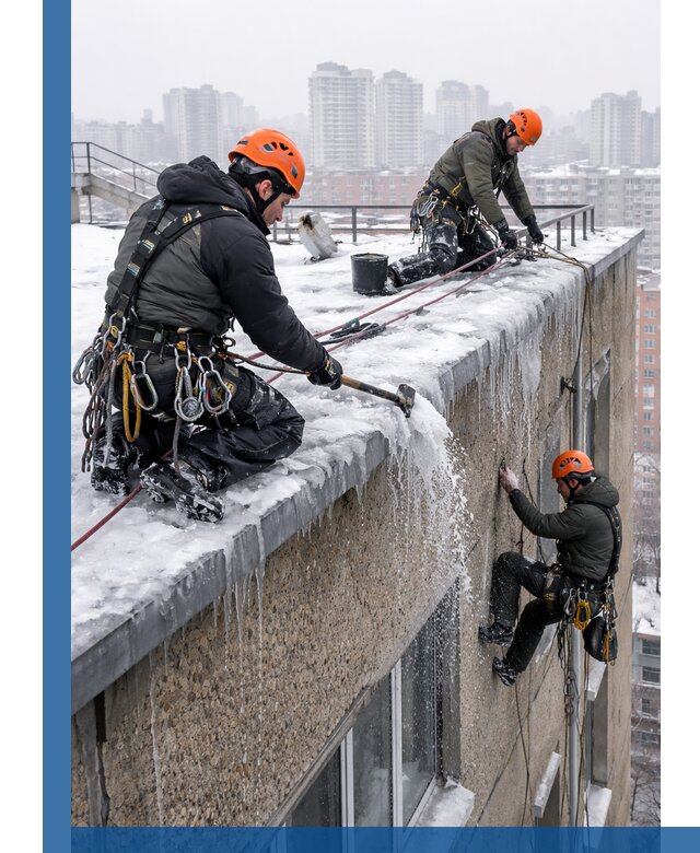 Удаление наледи с кровли в Кыштыме промышленными альпинистами