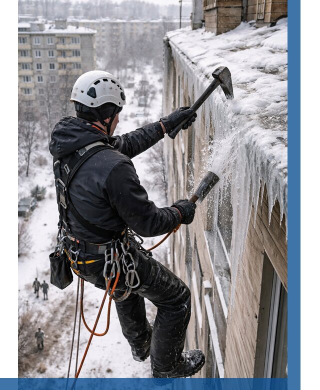 Сбивание сосулек с крыши в Кыштыме по цене от 4674 р. | ВЫСОТНИК-Кшт