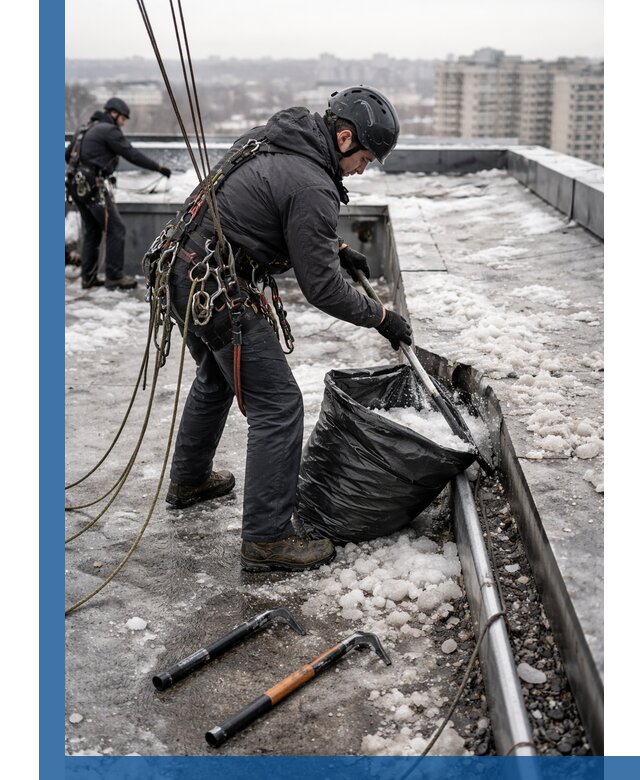 Аварийная очистка кровли в Кыштыме от промальпинистов