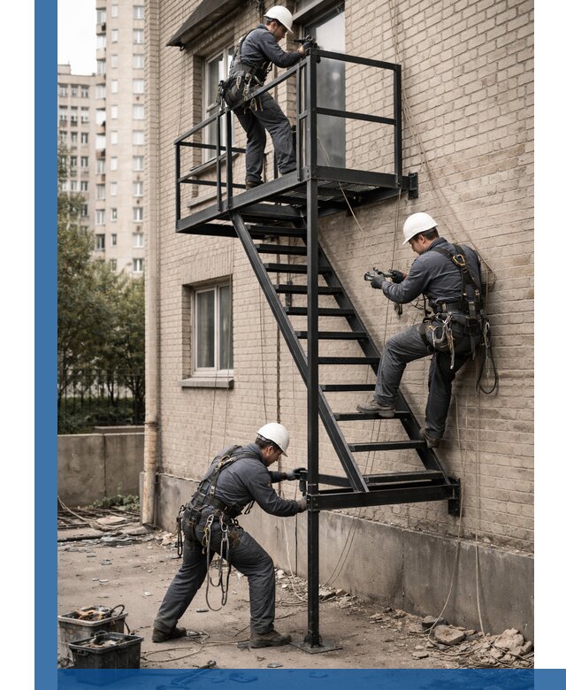 Монтаж пожарной лестницы в Кыштыме, установка и крепление