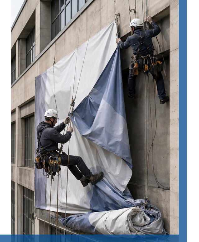 Демонтаж баннеров с фасада в Кыштыме от 4674 р. | ВЫСОТНИК-Кшт