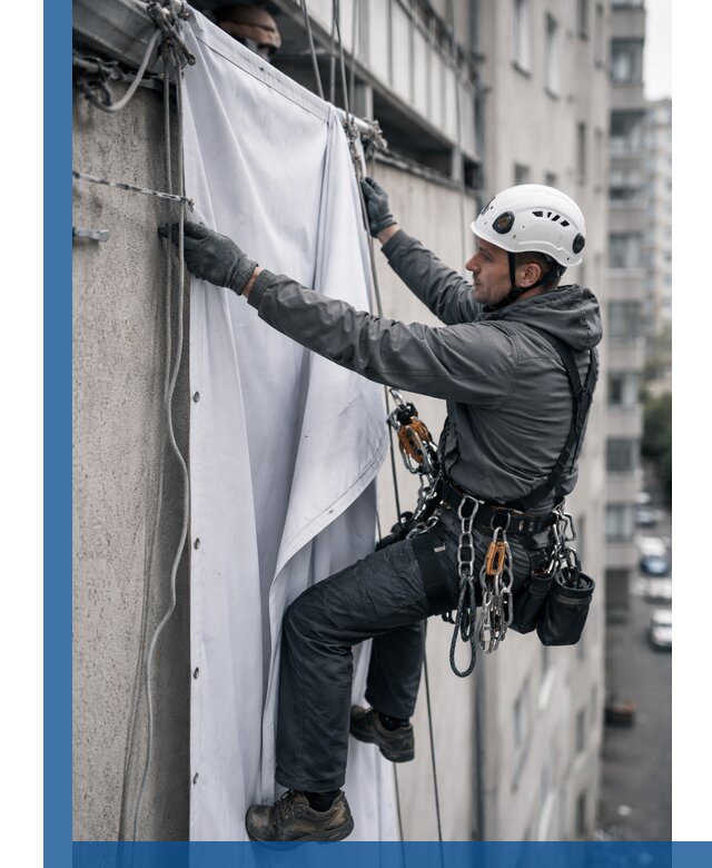 Замена баннерного полотна промышленными альпинистами в Кыштыме