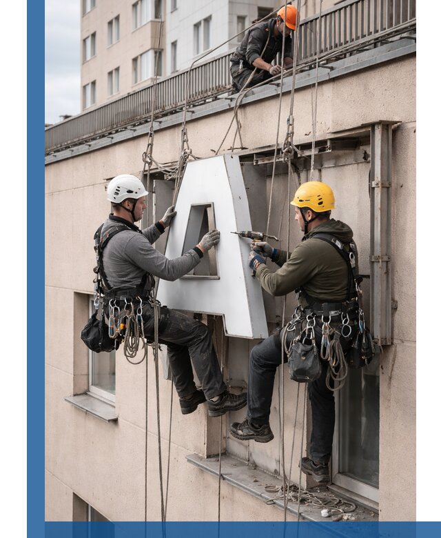 Ремонт и восстановление наружных вывесок на высоте в Кыштыме