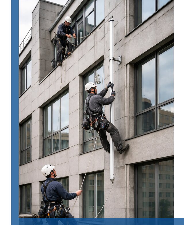 Монтаж флагштока на фасаде здания с креплением и герметикой в Кыштыме