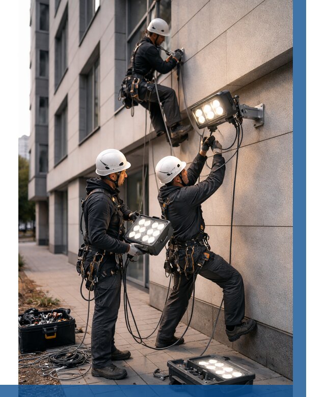 Монтаж прожекторов на фасаде в Кыштыме от 7790 р. | ВЫСОТНИК-Кшт