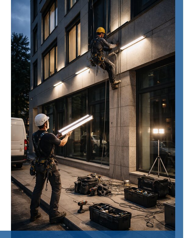 Монтаж архитектурной подсветки здания в Кыштыме от 2597 р.|ВЫСОТНИК-Кшт