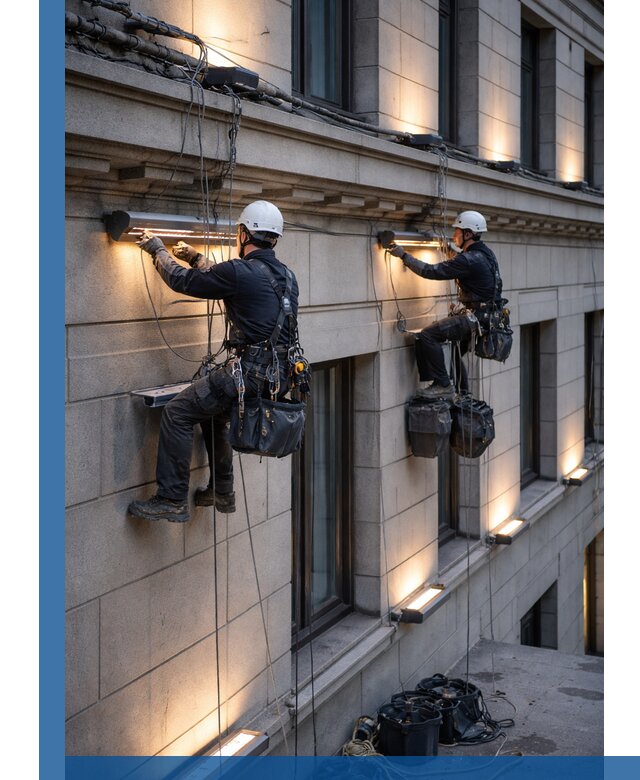 Монтаж архитектурной подсветки фасадов зданий в Кыштыме