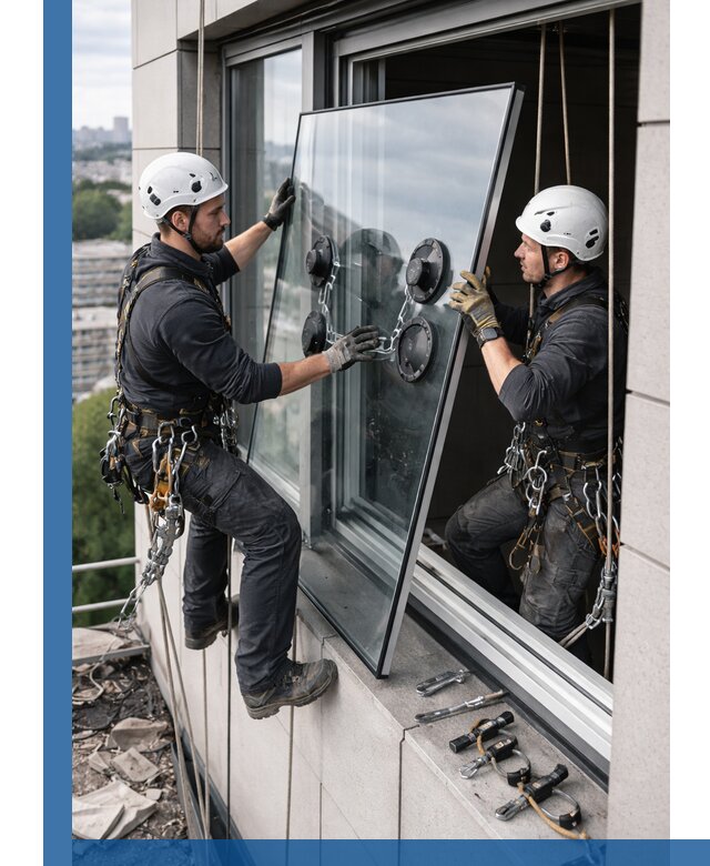 Замена стеклопакетов на высоте с промышленными альпинистами в Кыштыме