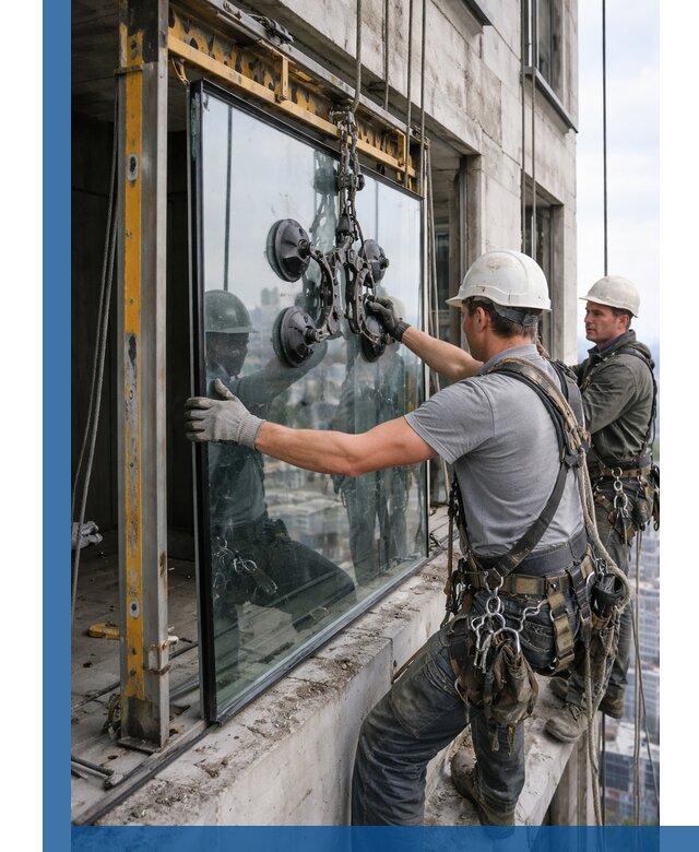 Монтаж стеклопакетов на высоте в Кыштыме с промышленным альпинизмом