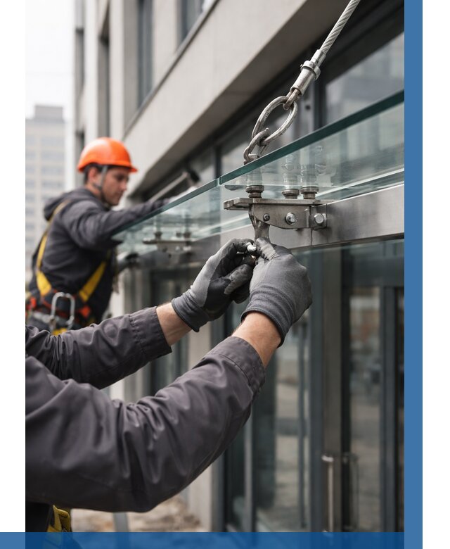 Монтаж стеклянных козырьков в Кыштыме от 8828 р. | ВЫСОТНИК-Кшт