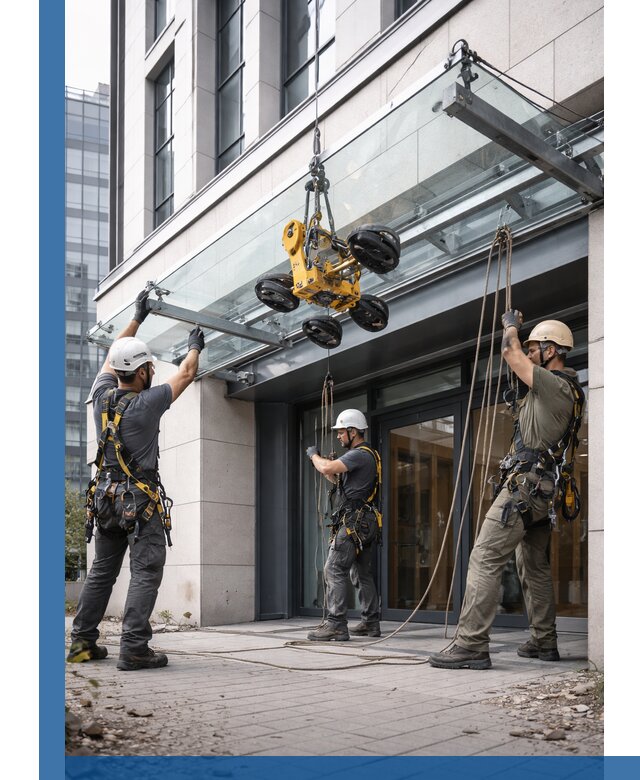 Монтаж стеклянных козырьков под ключ в Кыштыме для зданий