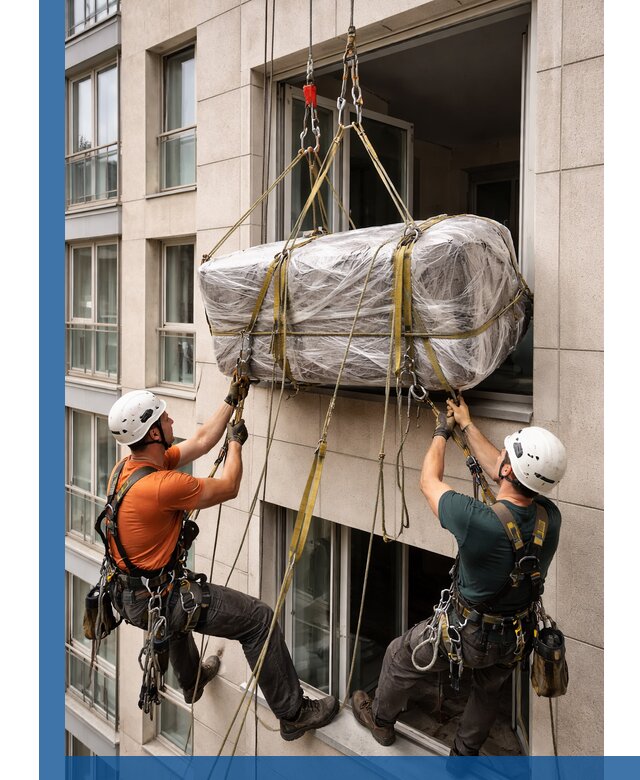 Подъем грузов через окно в Кыштыме промышленными альпинистами