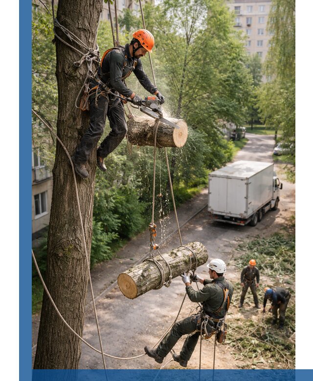 Спил деревьев альпинистами в Кыштыме, безопасно и без повреждений