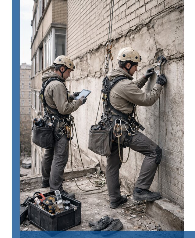 Обследование фасада промышленными альпинистами в Кыштыме